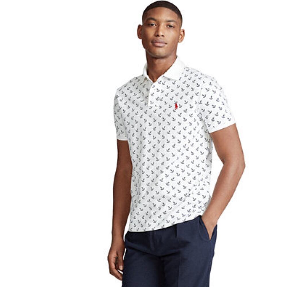 POLO RALPH LAUREN • White + Navy Anchor Print Short Sleeve Polo Shirt